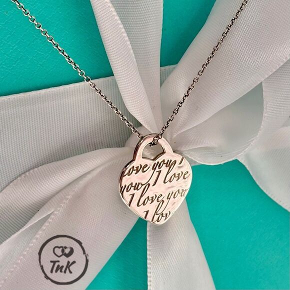 Tiffany & Co Retired Notes Collection Silver I Love You Script Heart Pendant 18” - Picture 2 of 16
